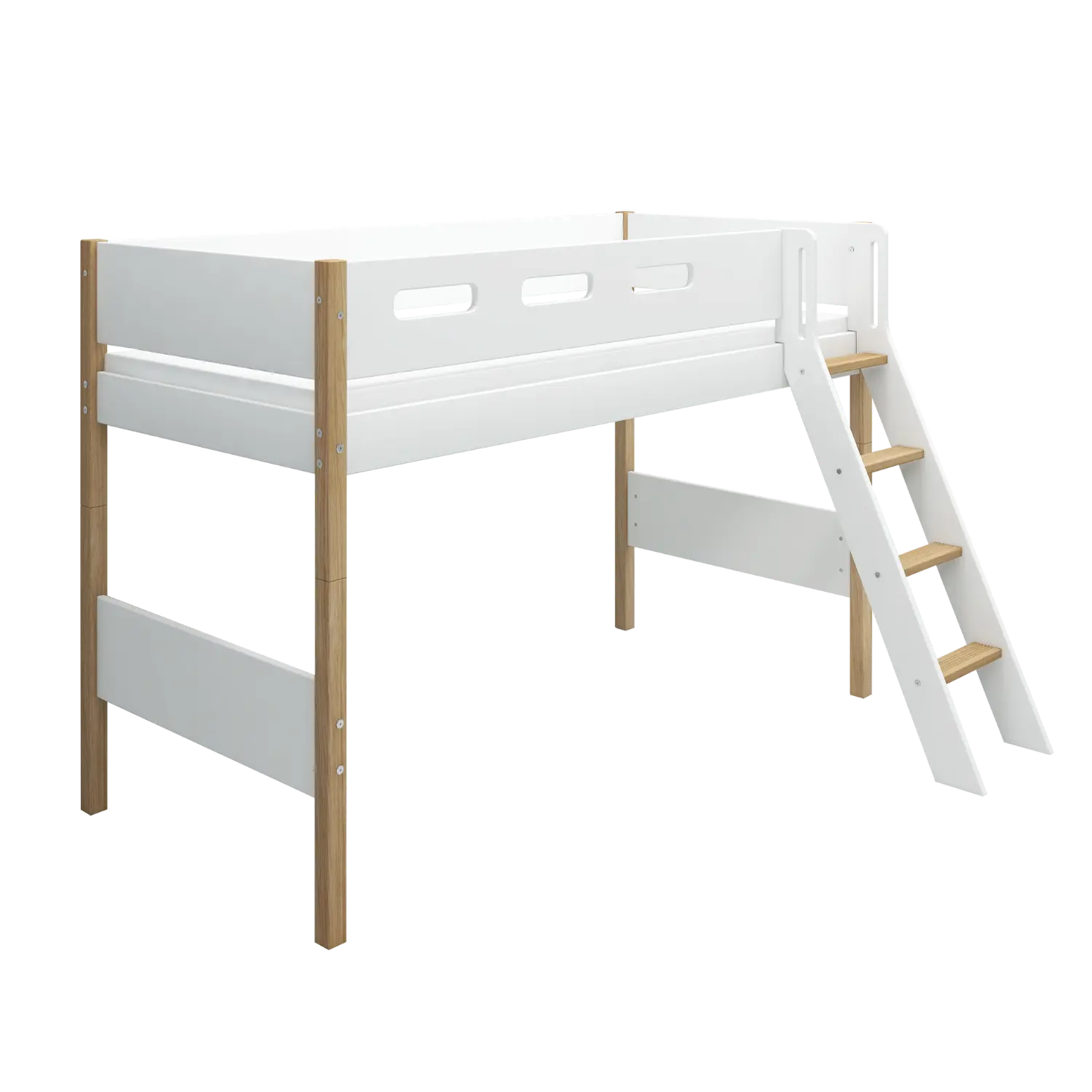Lit en hauteur 143 cm avec échelle et barrière de sécurité, 90x200 cm, Blanc/Chêne