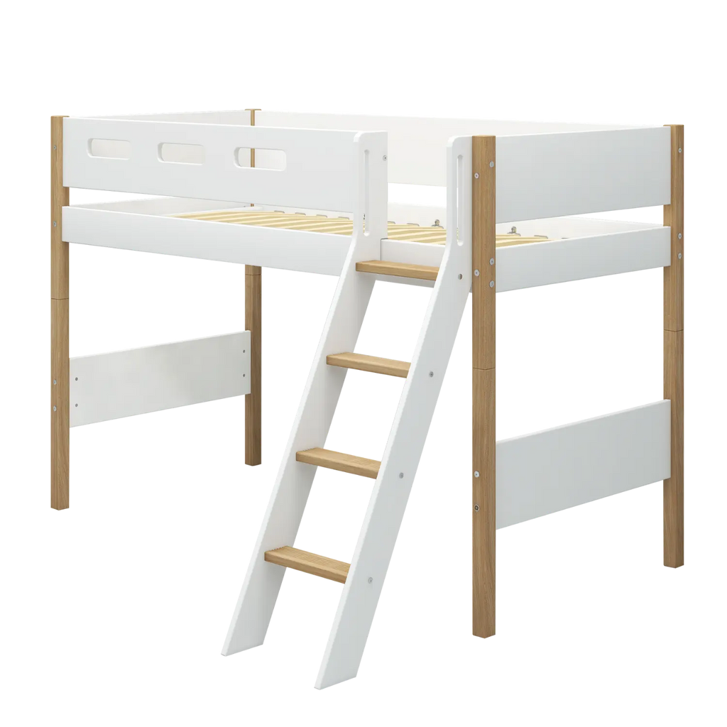 Lit en hauteur 143 cm avec échelle et barrière de sécurité, 90x200 cm, Blanc/Chêne