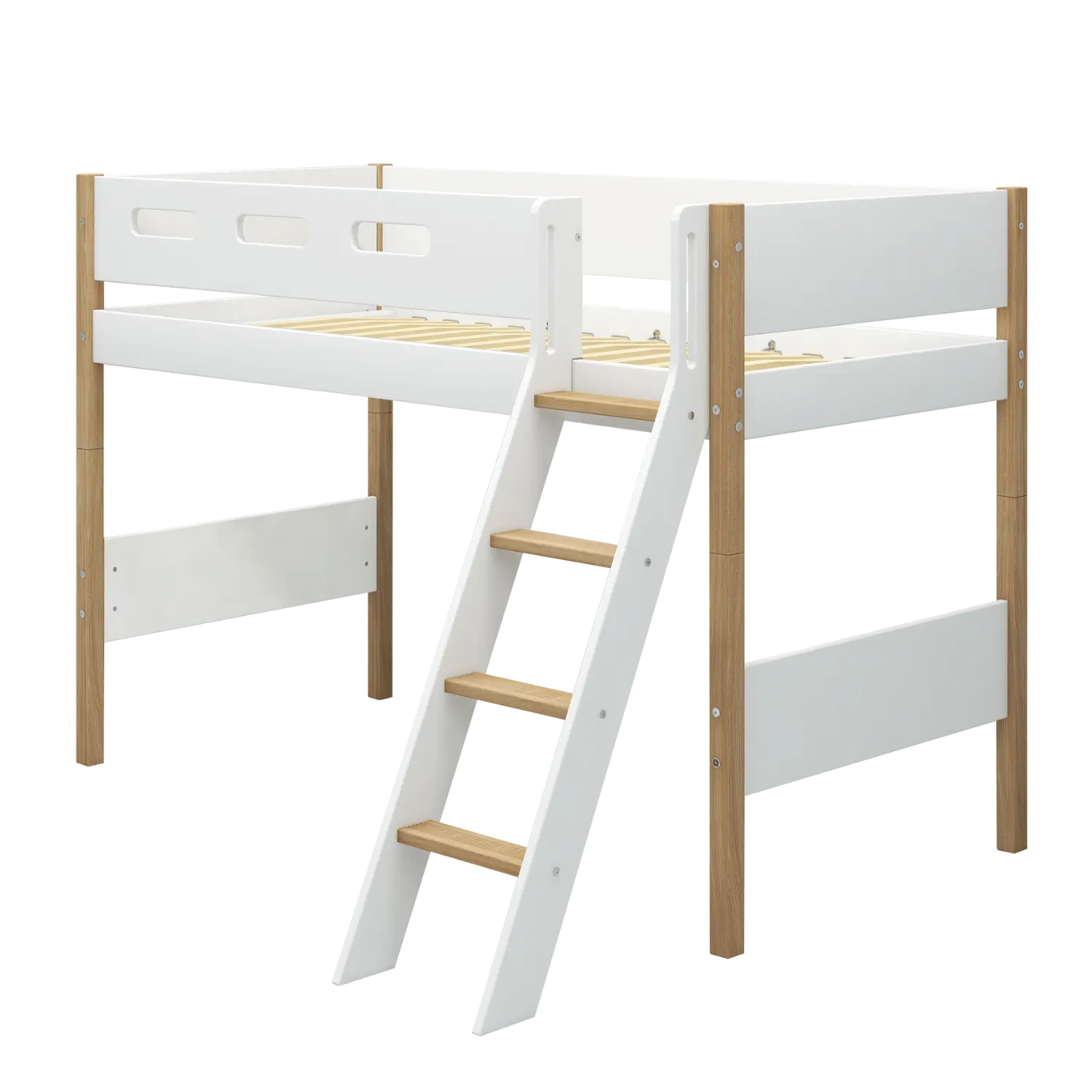 Lit en hauteur 143 cm avec échelle et barrière de sécurité, 90x200 cm, Blanc/Chêne