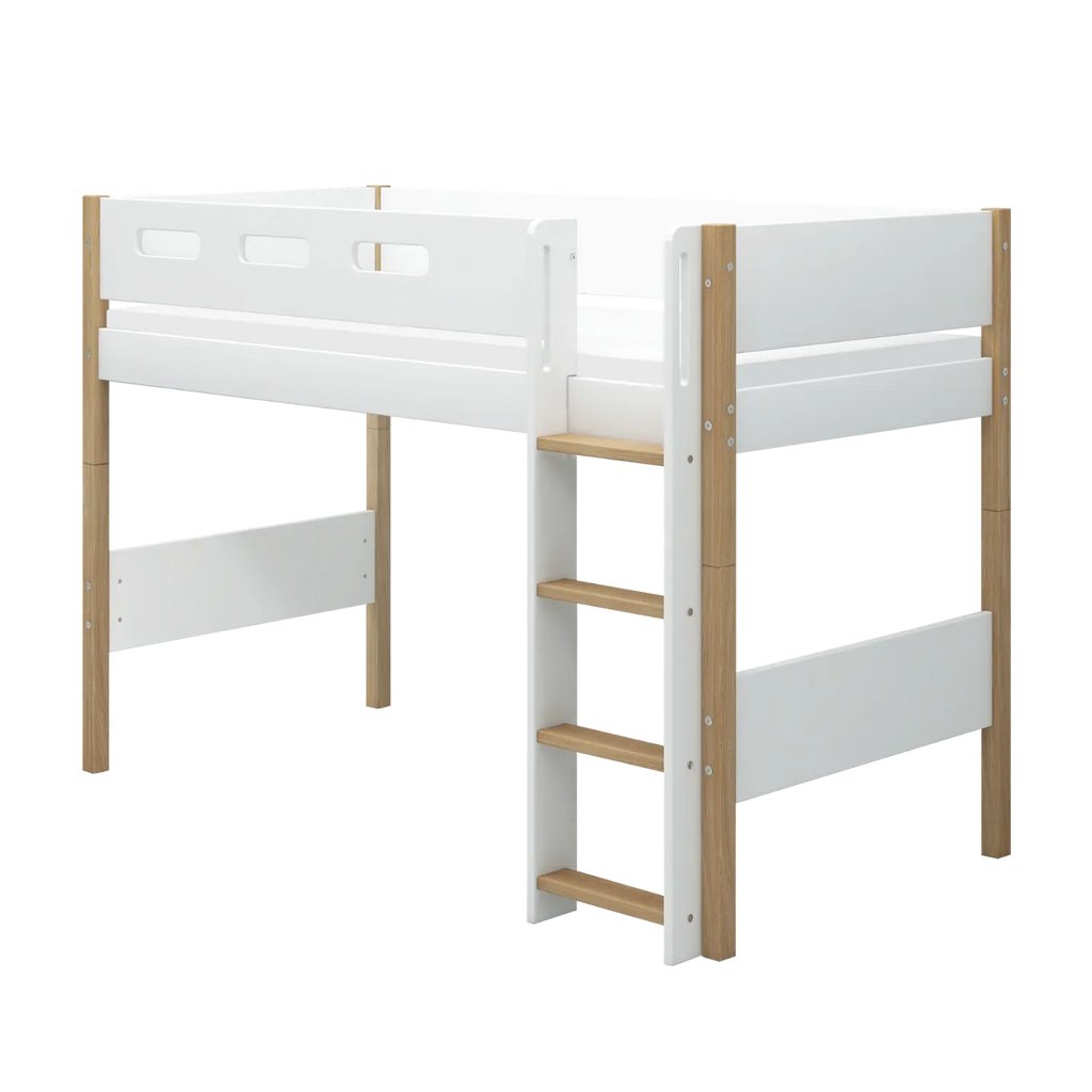 Lit surélevé 143 cm avec échelle et barrière de sécurité, 90x200 cm, Blanc/Chêne