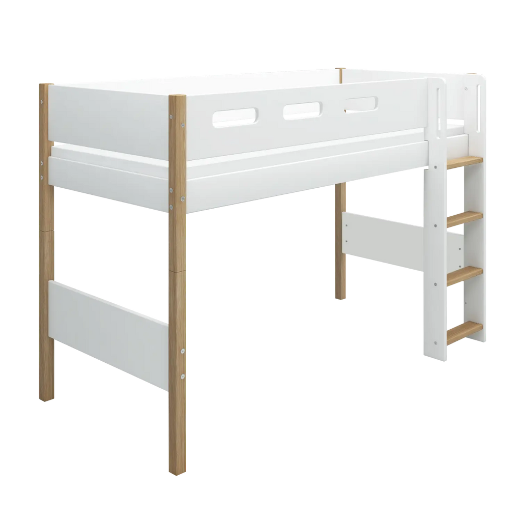 Lit surélevé 143 cm avec échelle et barrière de sécurité, 90x200 cm, Blanc/Chêne