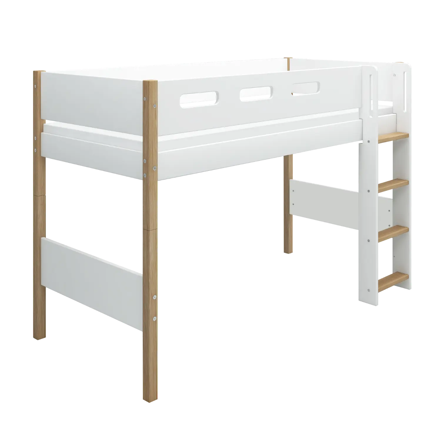 Lit surélevé 143 cm avec échelle et barrière de sécurité, 90x200 cm, Blanc/Chêne