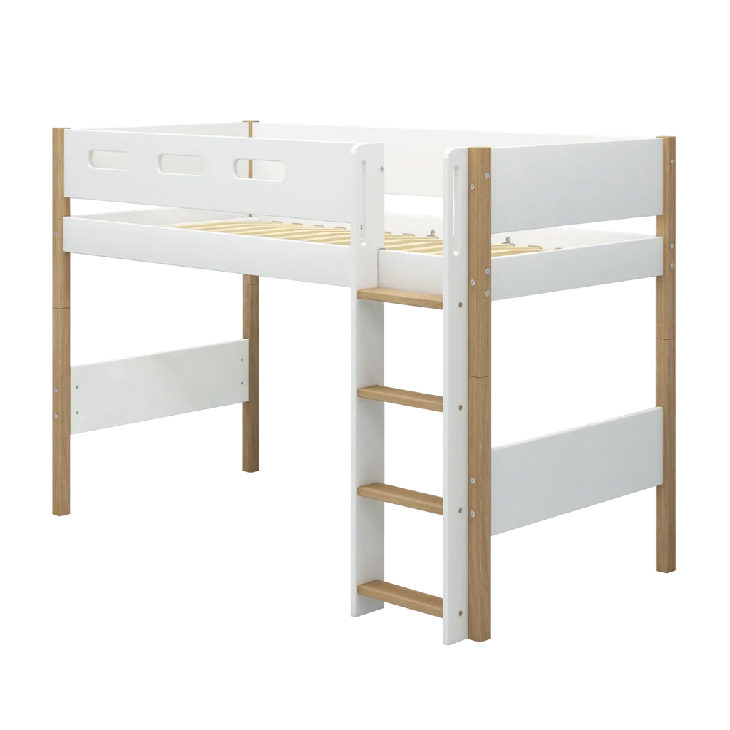 Lit surélevé 143 cm avec échelle et barrière de sécurité, 90x200 cm, Blanc/Chêne