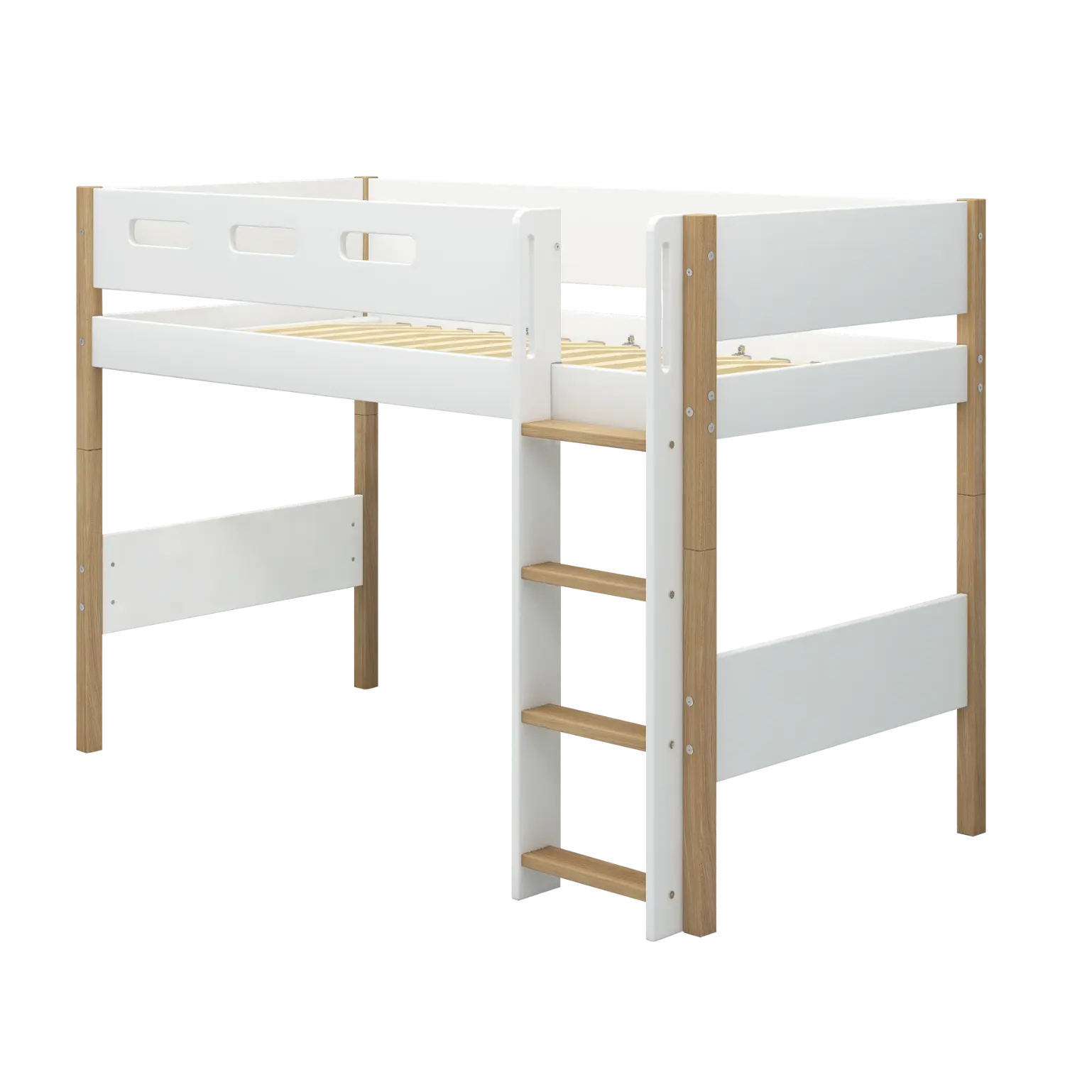 Lit surélevé 143 cm avec échelle et barrière de sécurité, 90x200 cm, Blanc/Chêne
