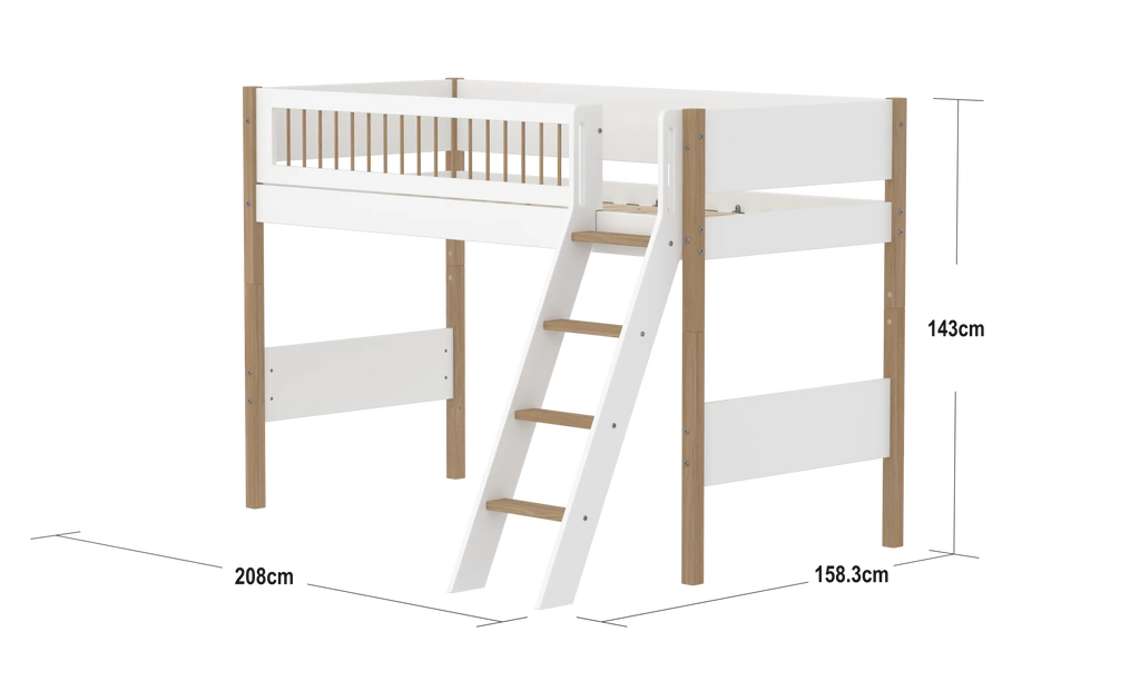 Lit mezzanine 143 cm avec échelle et barrière de sécurité, 90x200 cm, Blanc/Chêne
