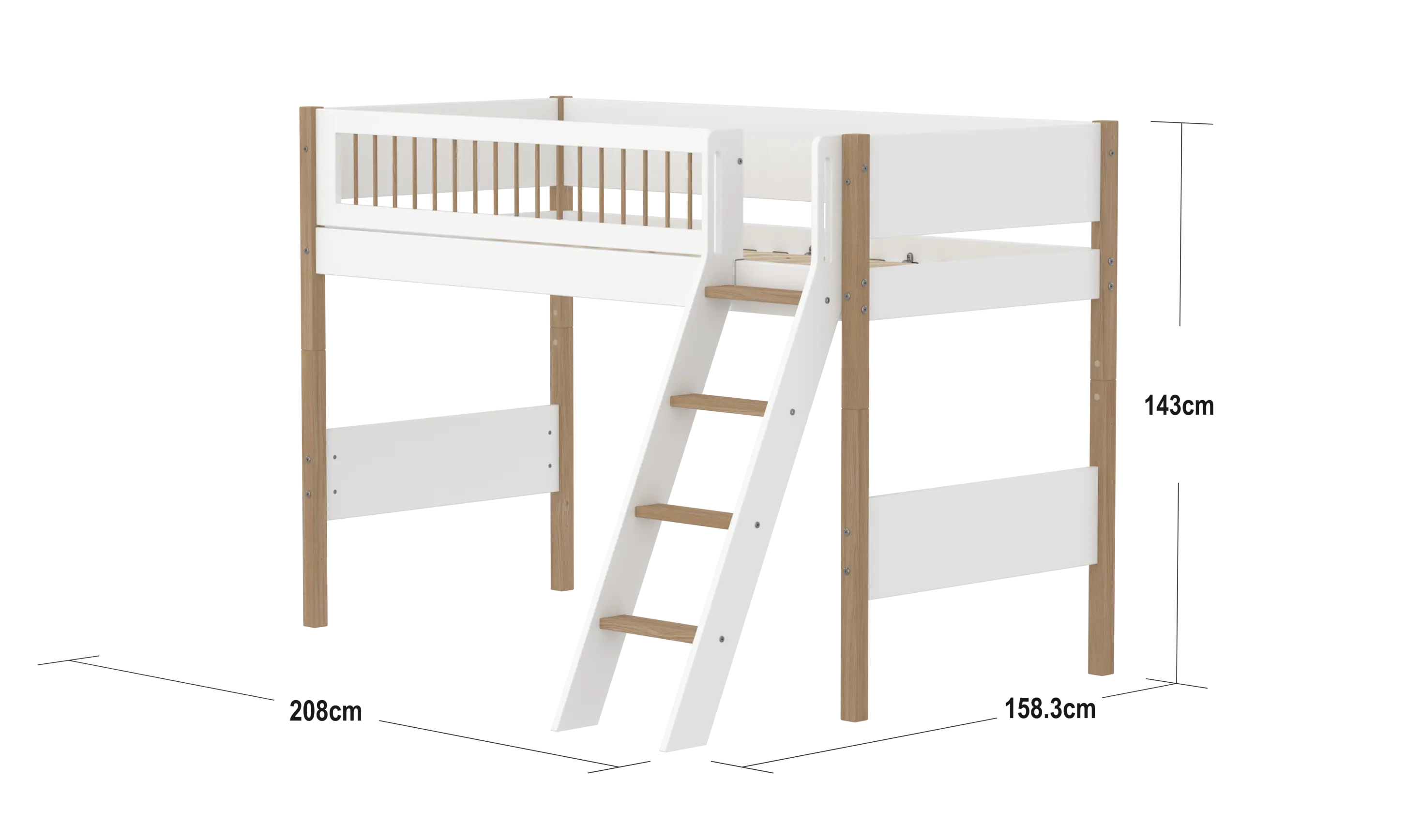 Lit mezzanine 143 cm avec échelle et barrière de sécurité, 90x200 cm, Blanc/Chêne