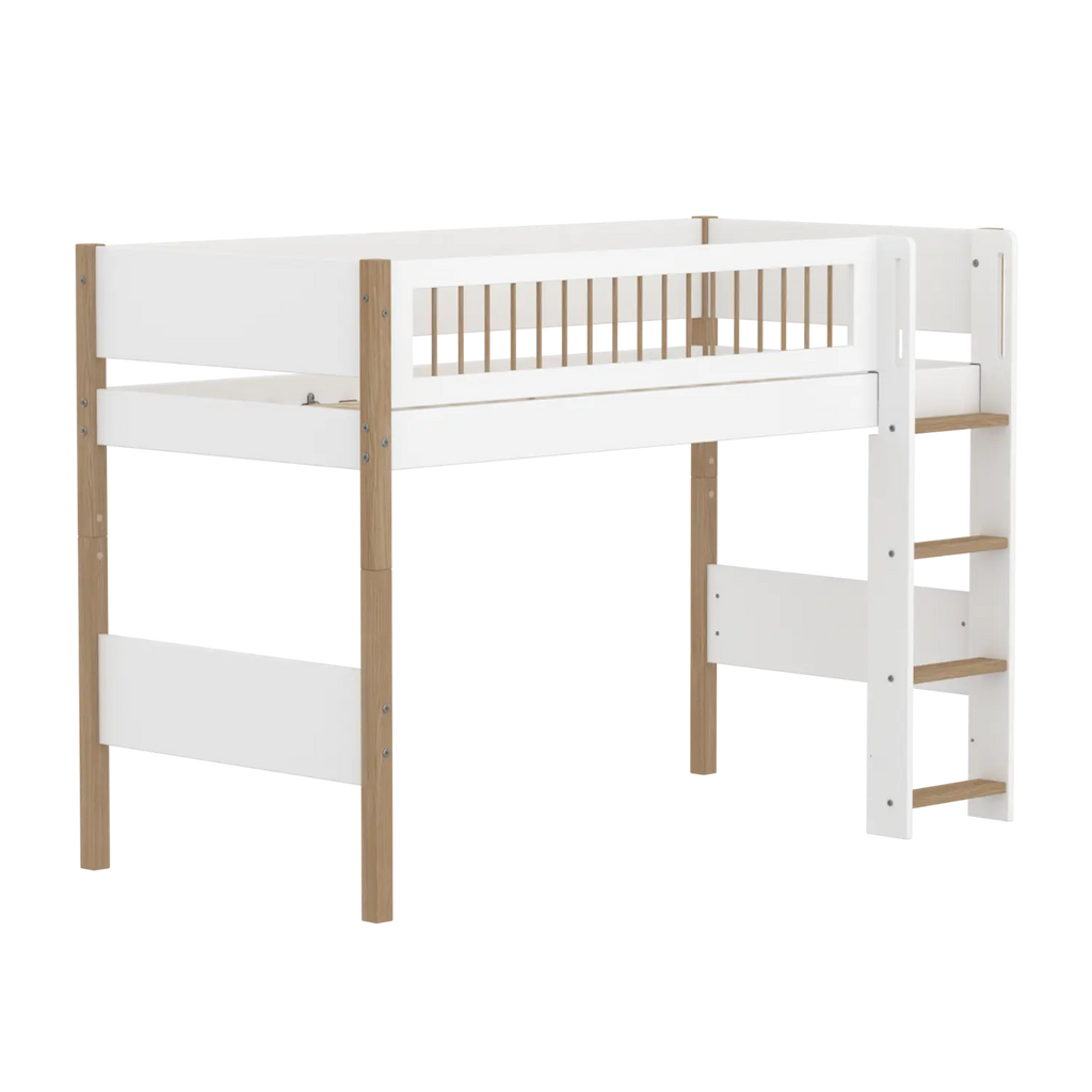 Lit surélevé 143 cm avec échelle et barrière de sécurité, 90x200 cm, Blanc/Chêne