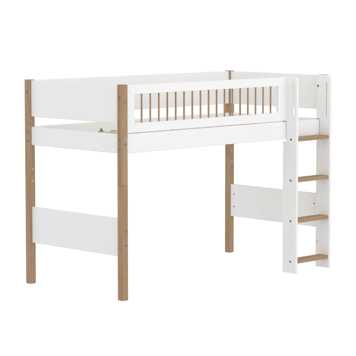 Lit surélevé 143 cm avec échelle et barrière de sécurité, 90x200 cm, Blanc/Chêne