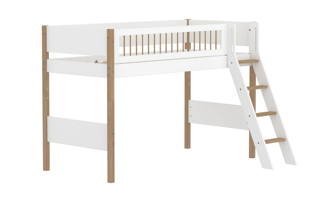 Lit mezzanine 143 cm avec échelle et barrière de sécurité, 90x200 cm, Blanc/Chêne