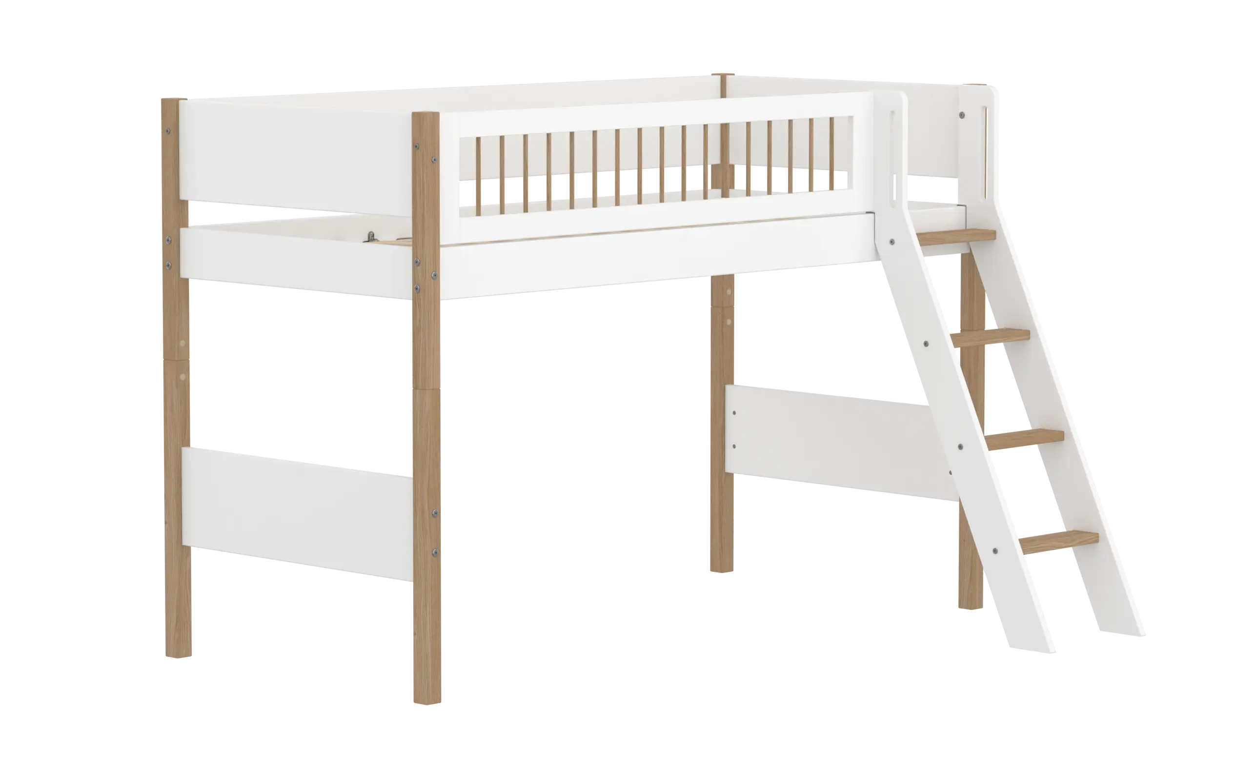 Lit mezzanine 143 cm avec échelle et barrière de sécurité, 90x200 cm, Blanc/Chêne