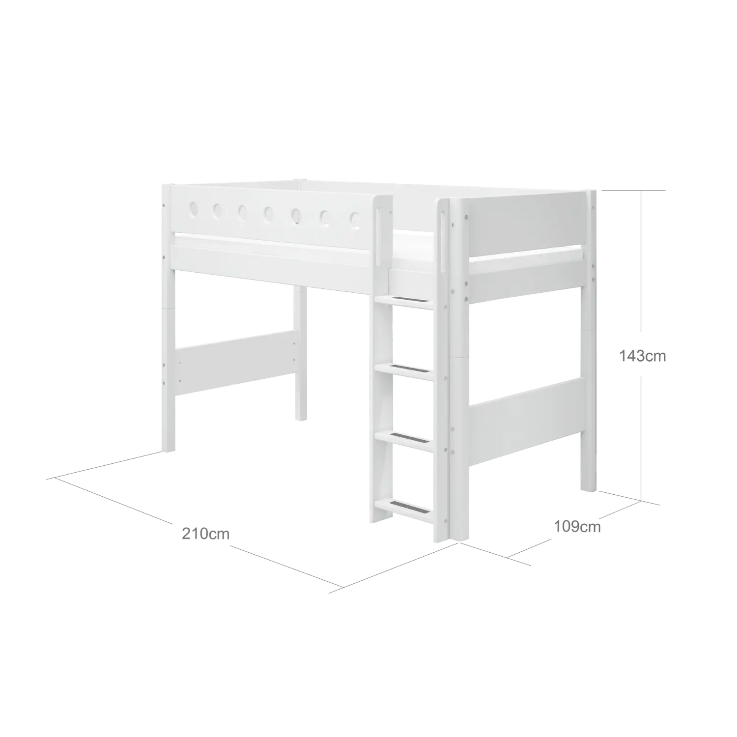 Lit mezzanine 143 cm avec échelle et barrière de sécurité, 90x200 cm, Blanc