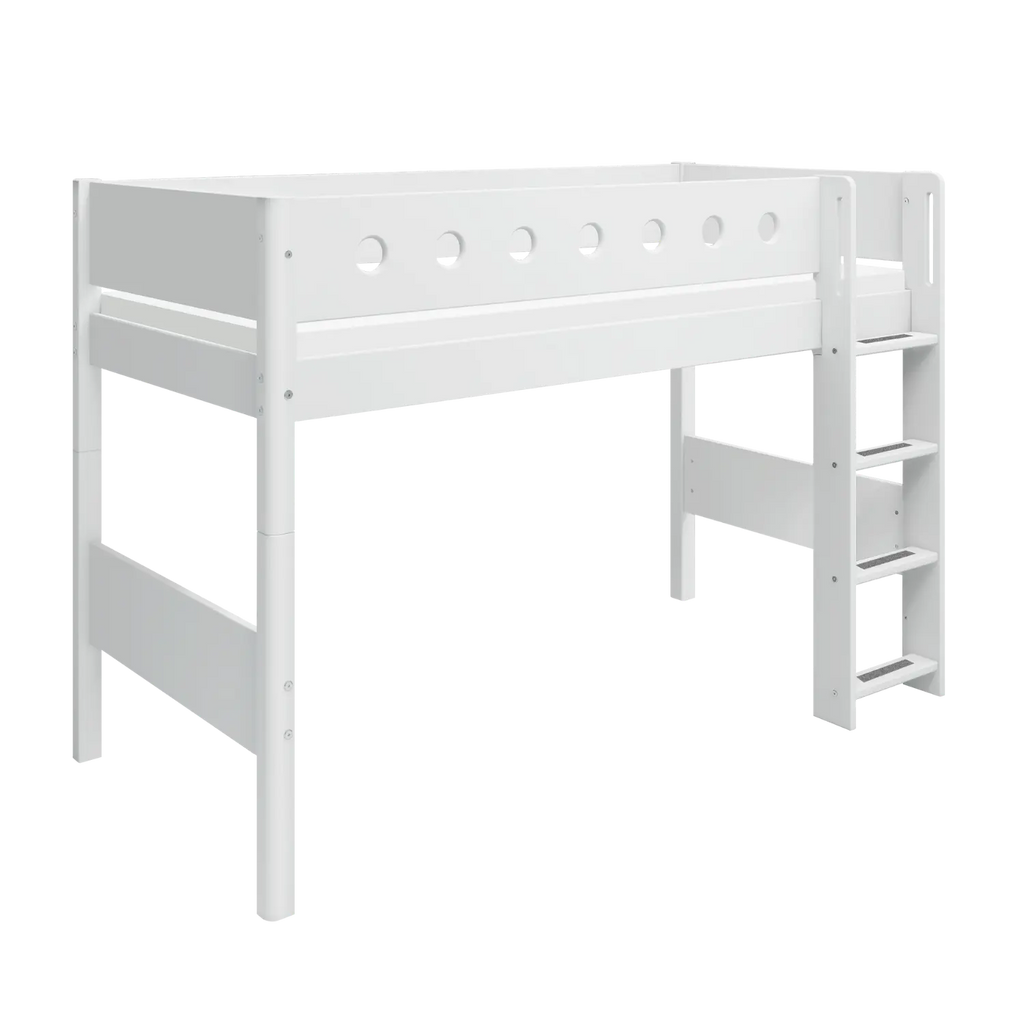 Lit mezzanine 143 cm avec échelle et barrière de sécurité, 90x200 cm, Blanc