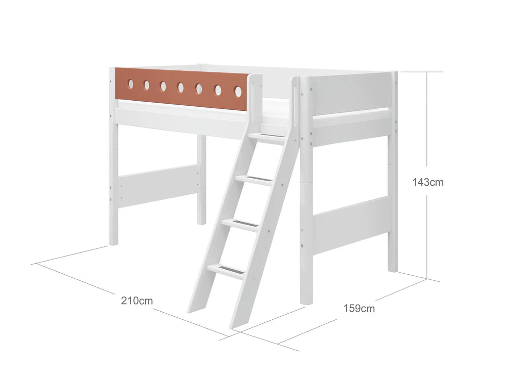Lit surélevé 143 cm avec échelle et barrière de sécurité, 90x200 cm, Blanc