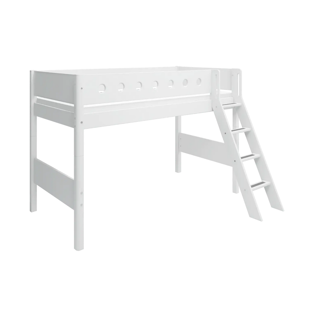 Lit surélevé 143 cm avec échelle et barrière de sécurité, 90x200 cm, Blanc