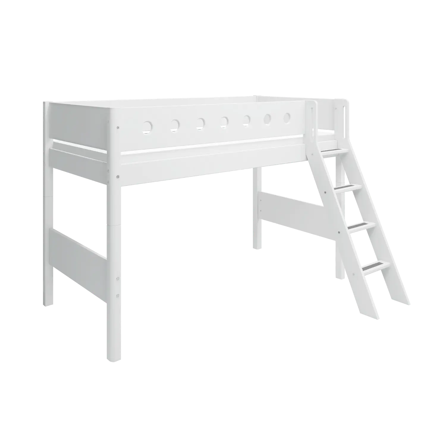 Lit surélevé 143 cm avec échelle et barrière de sécurité, 90x200 cm, Blanc