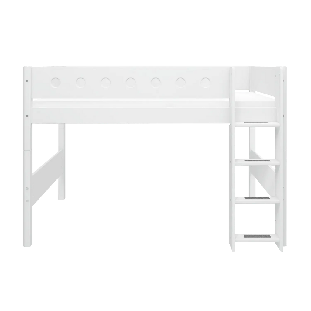 Lit mezzanine 143 cm avec échelle et barrière de sécurité, 90x200 cm, Blanc