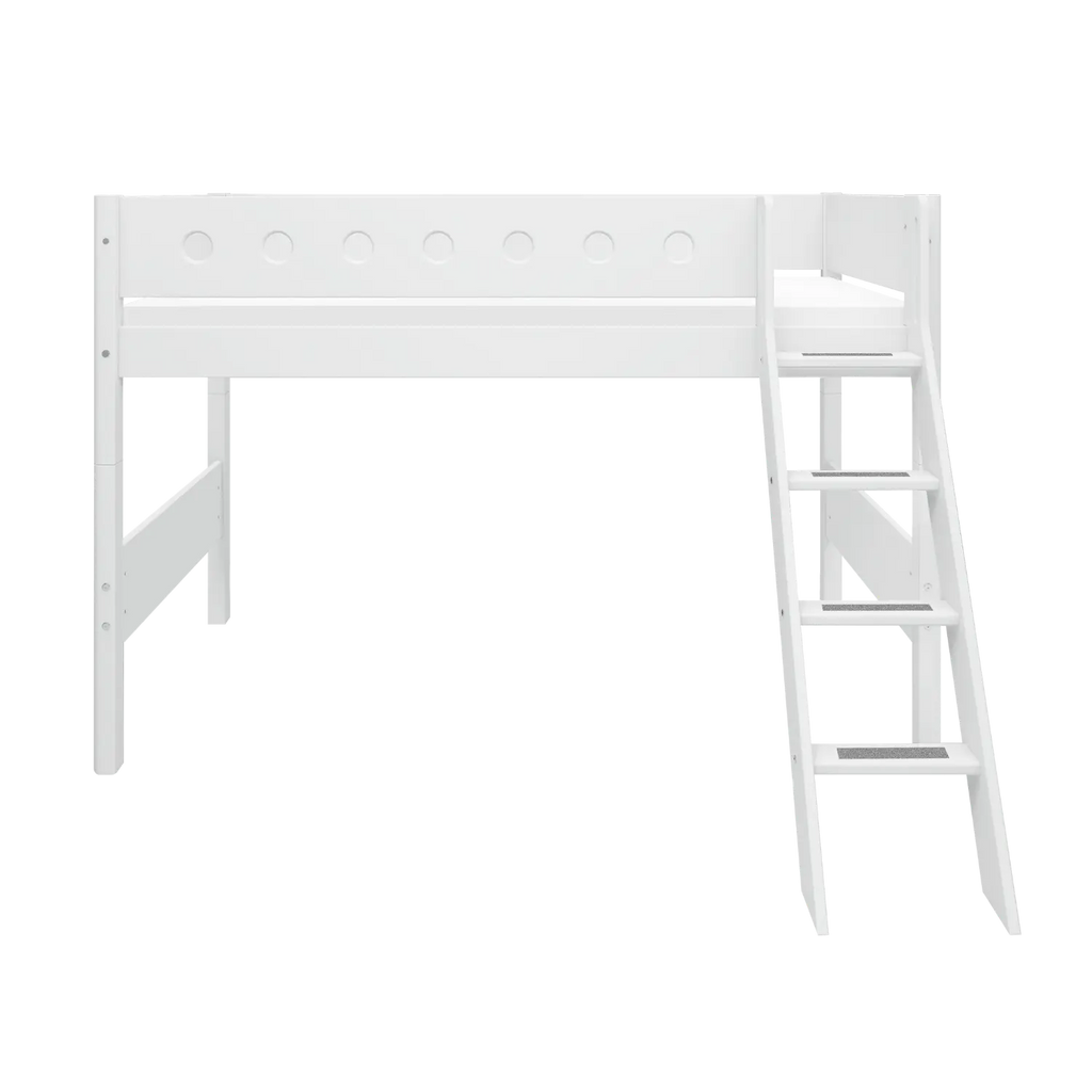 Lit surélevé 143 cm avec échelle et barrière de sécurité, 90x200 cm, Blanc