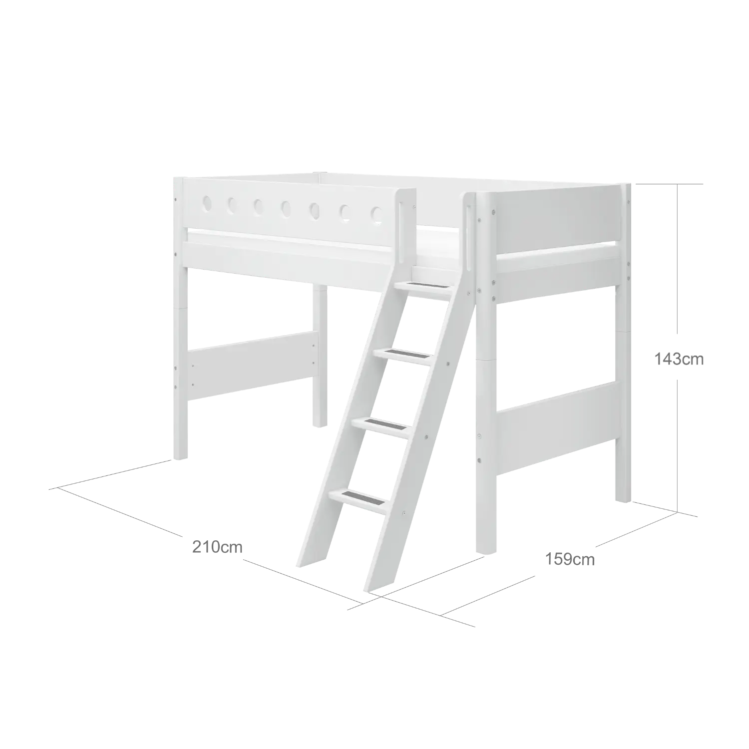 Lit surélevé 143 cm avec échelle et barrière de sécurité, 90x200 cm, Blanc