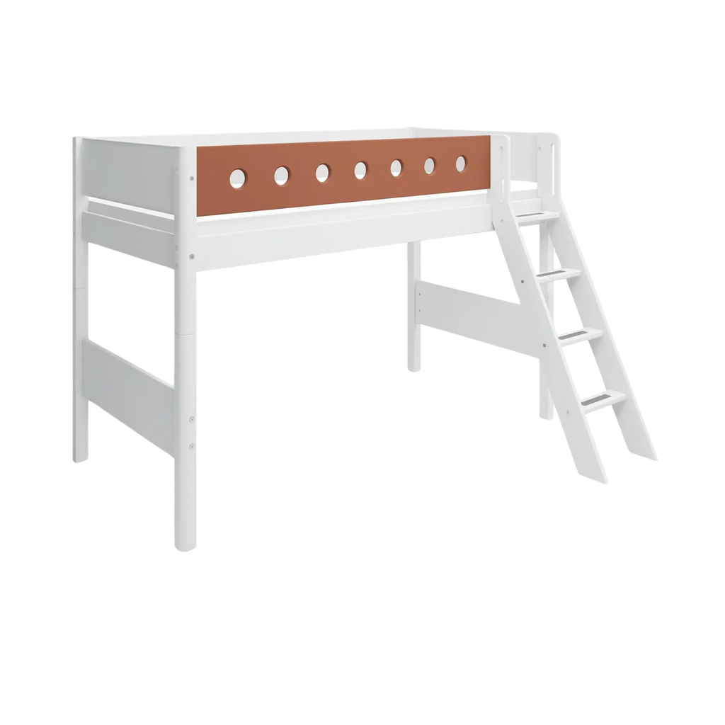 Lit surélevé 143 cm avec échelle et barrière de sécurité, 90x200 cm, Blanc
