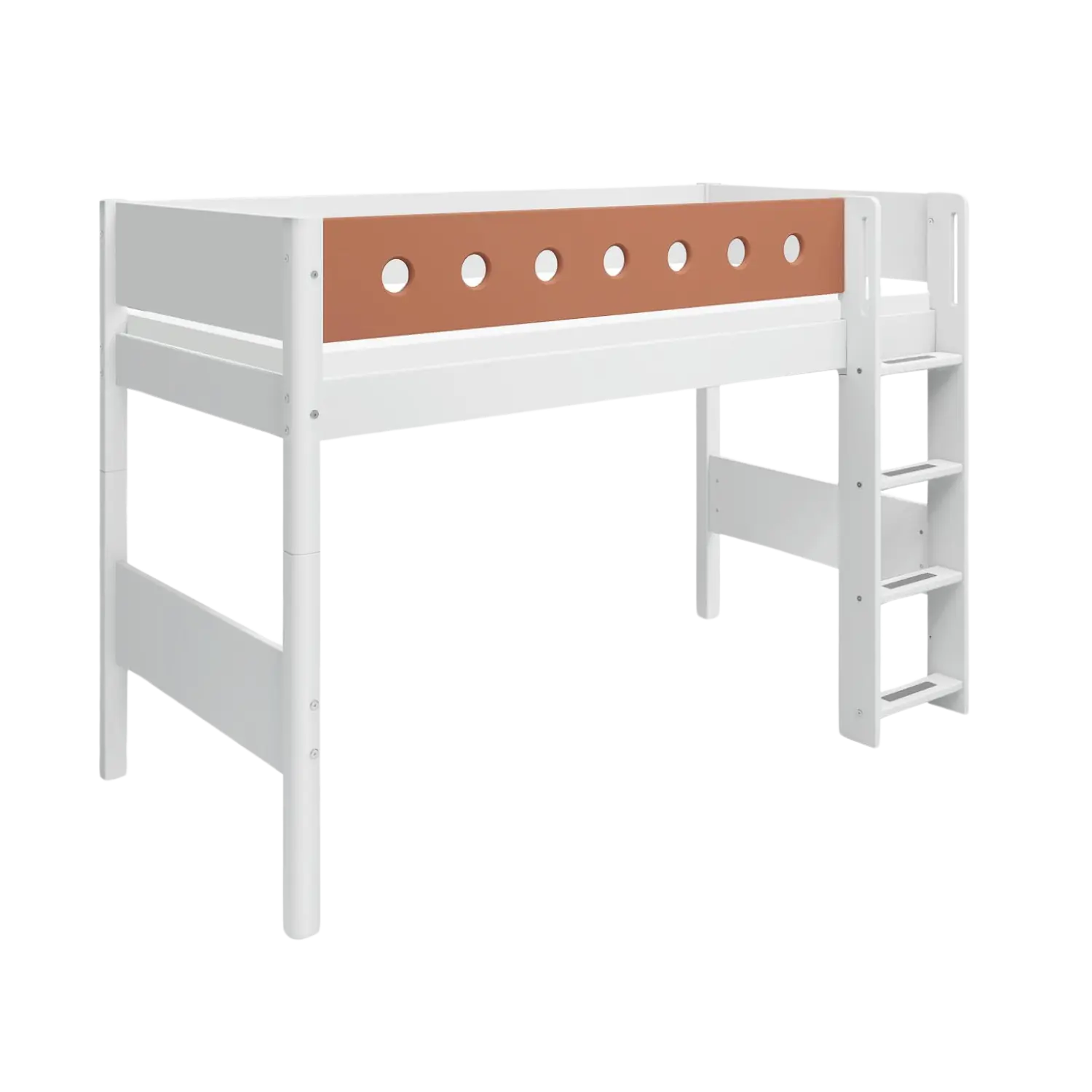 Lit mezzanine 143 cm avec échelle et barrière de sécurité, 90x200 cm, Blanc