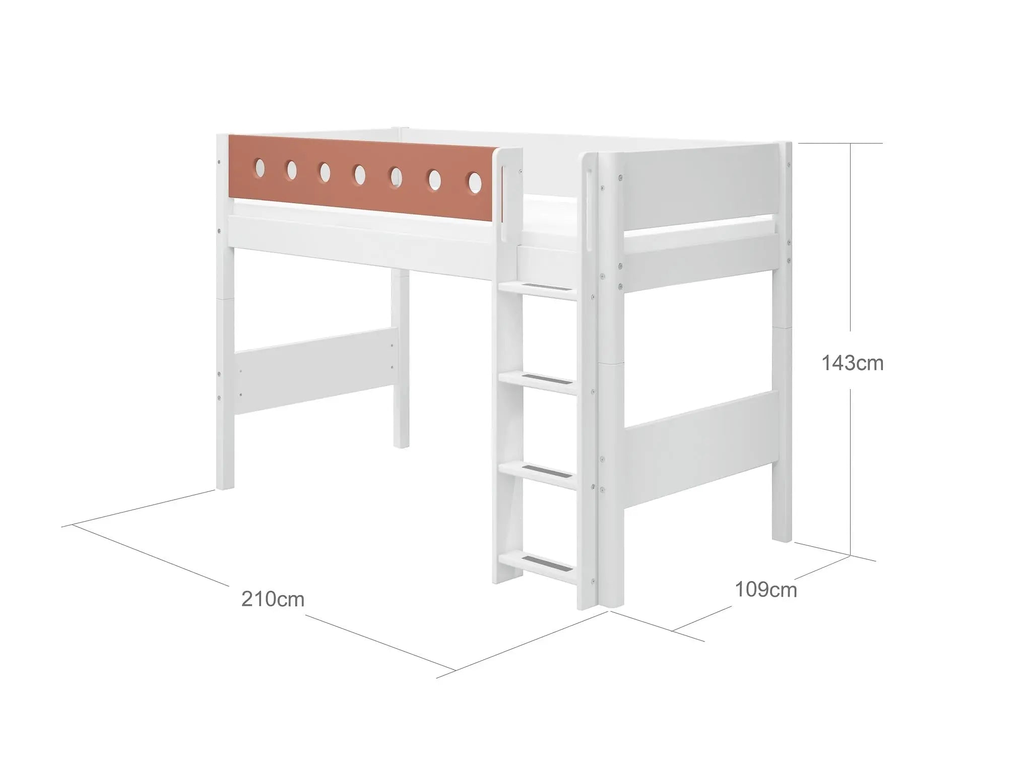 Lit mezzanine 143 cm avec échelle et barrière de sécurité, 90x200 cm, Blanc