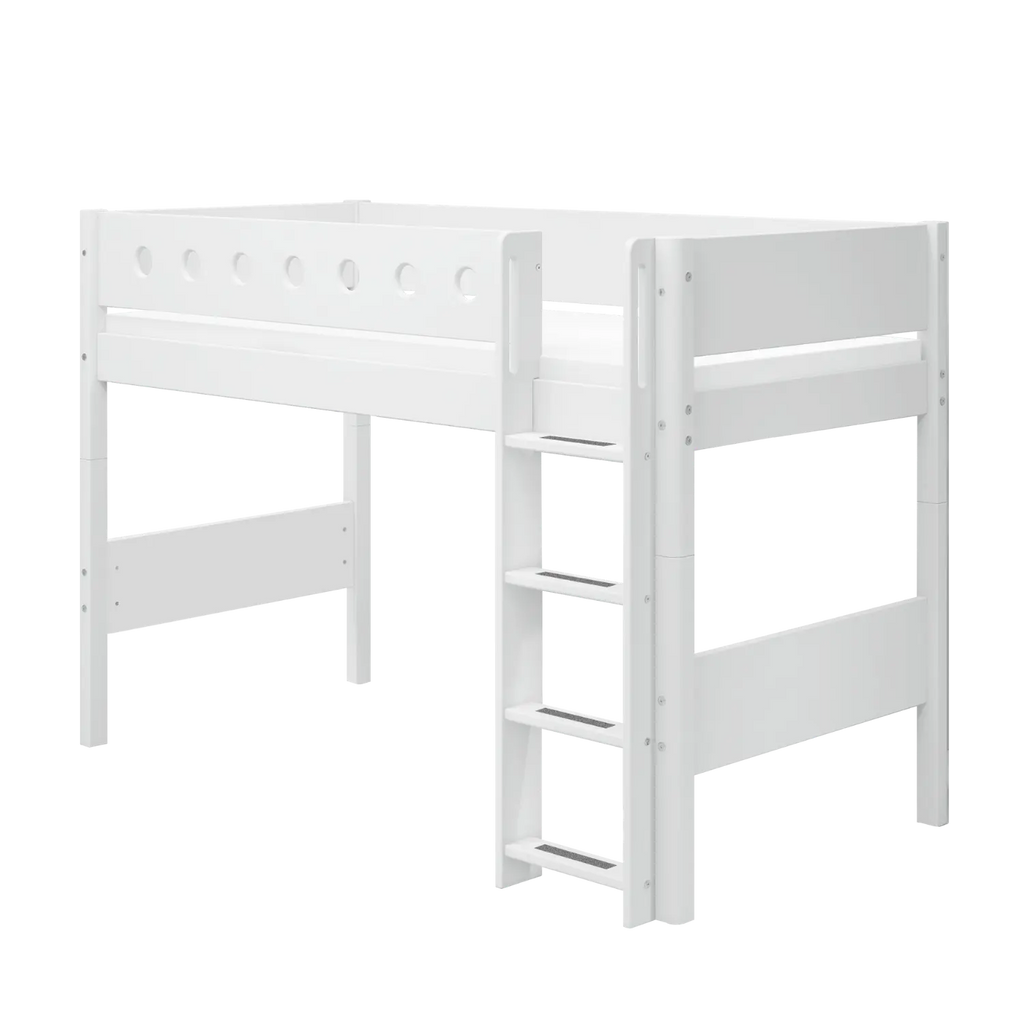 Lit mezzanine 143 cm avec échelle et barrière de sécurité, 90x200 cm, Blanc