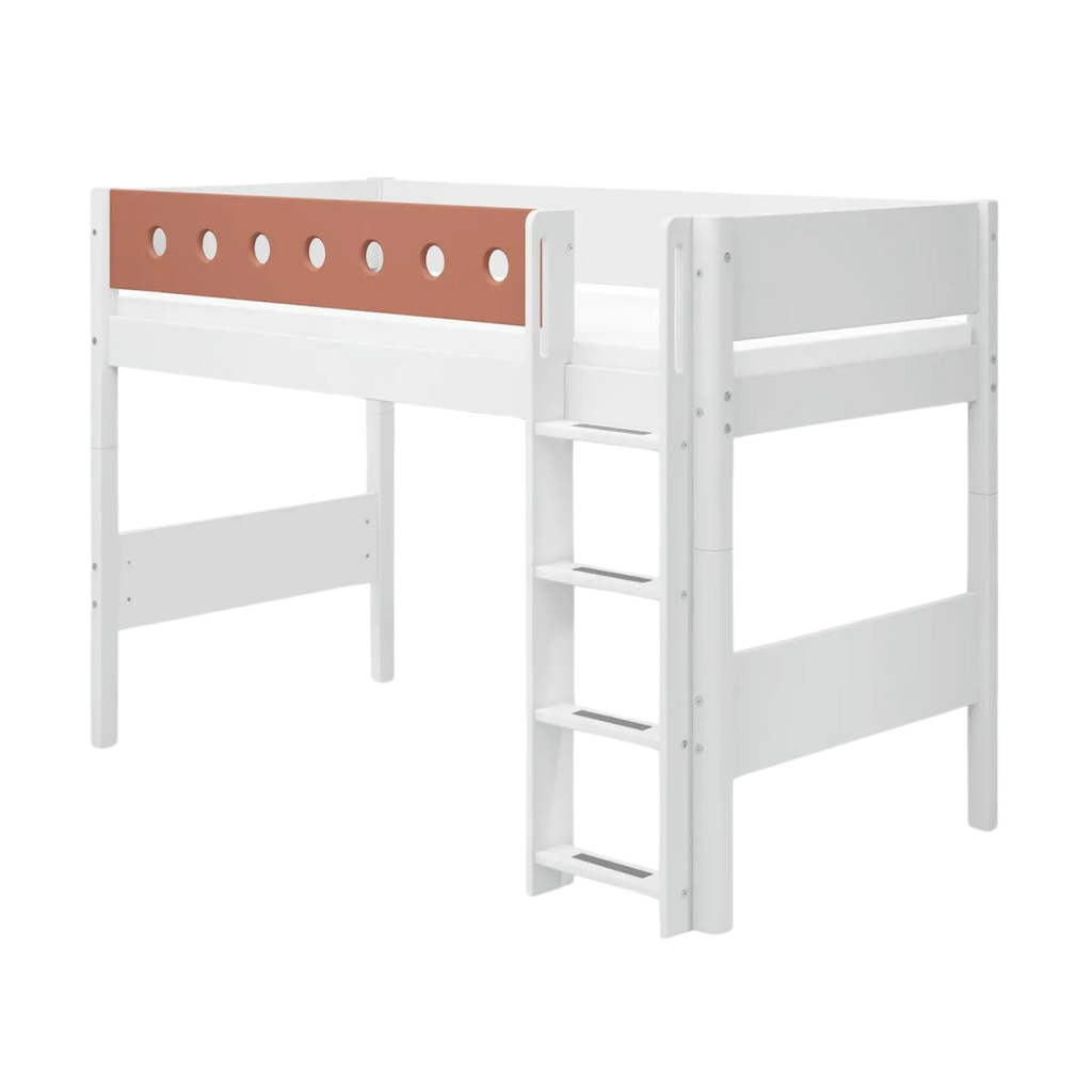 Lit mezzanine 143 cm avec échelle et barrière de sécurité, 90x200 cm, Blanc