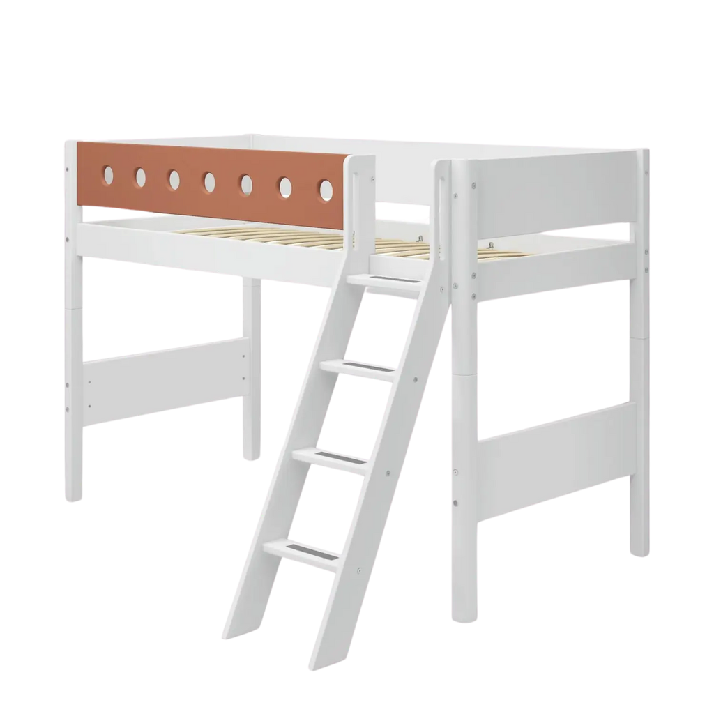Lit surélevé 143 cm avec échelle et barrière de sécurité, 90x200 cm, Blanc