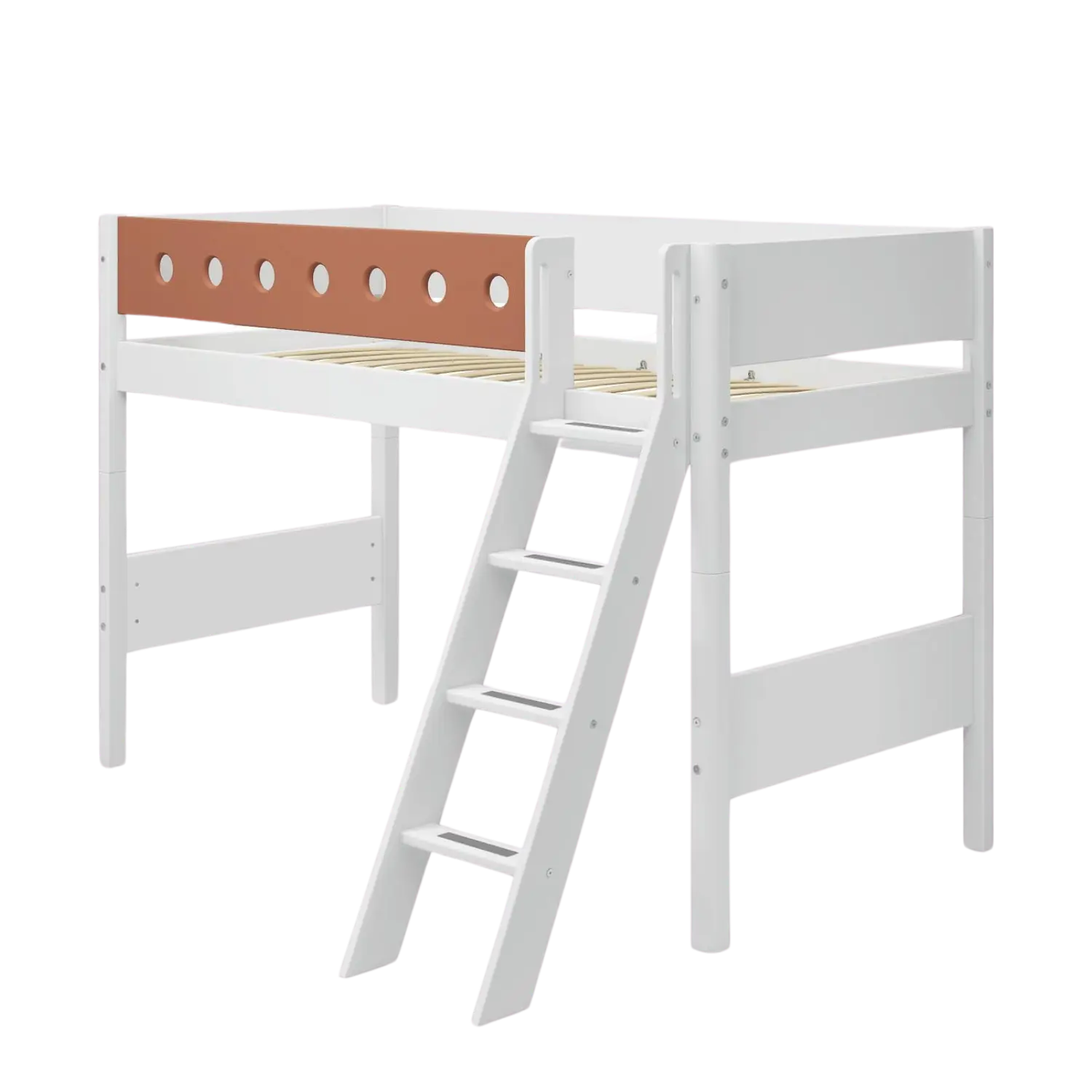 Lit surélevé 143 cm avec échelle et barrière de sécurité, 90x200 cm, Blanc