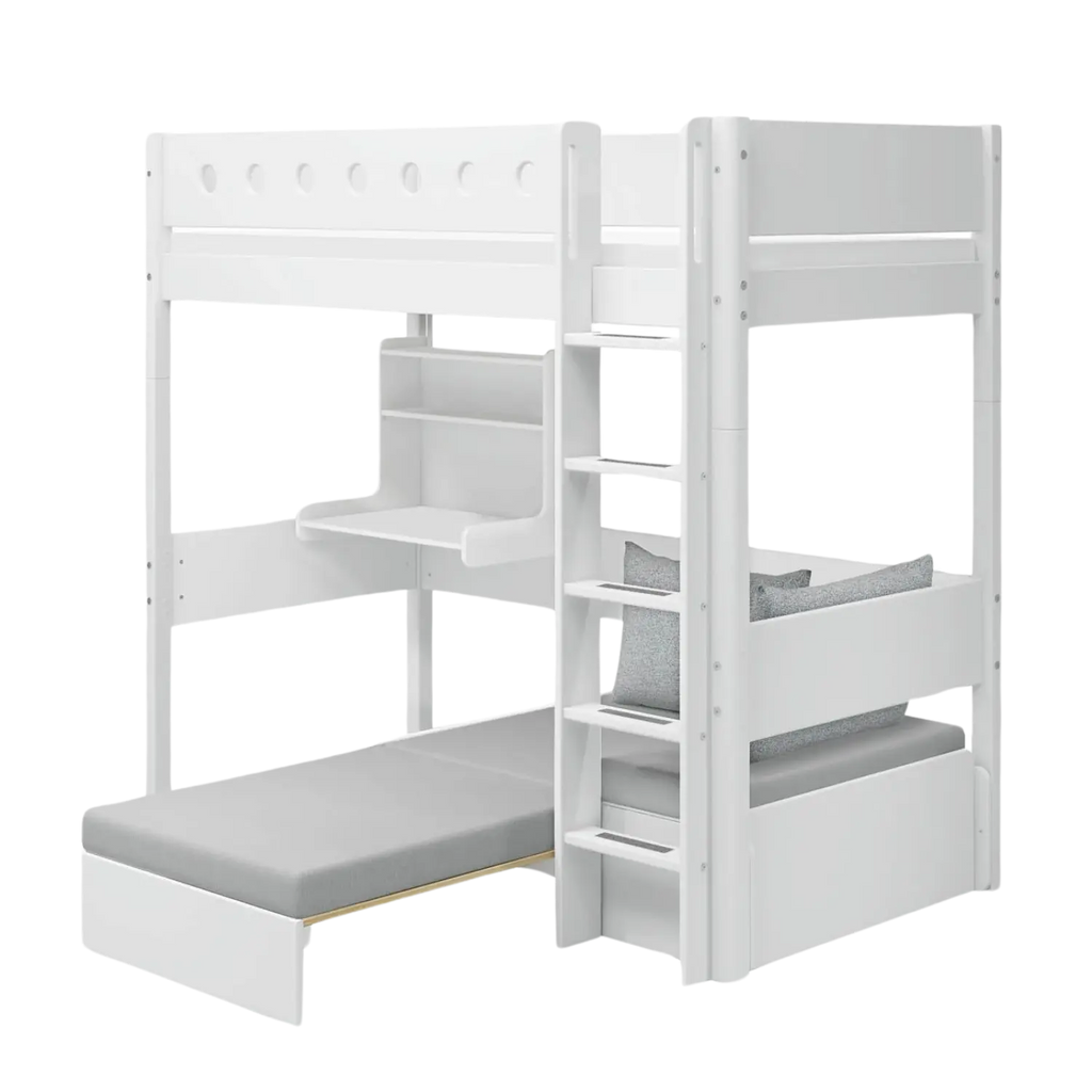 Lit mezzanine 184 cm avec bureau, canapé, échelle et barrière de sécurité, 90x200 cm, blanc