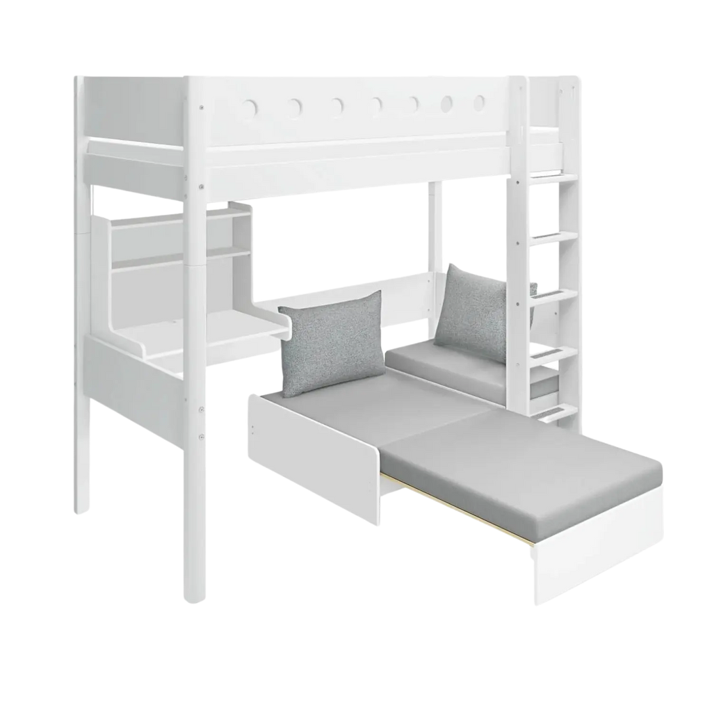 Lit mezzanine 184 cm avec bureau, canapé, échelle et barrière de sécurité, 90x200 cm, blanc