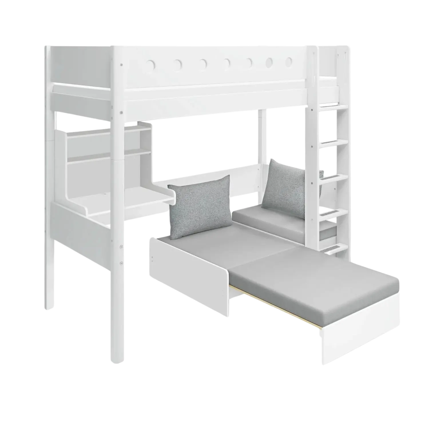 Lit mezzanine 184 cm avec bureau, canapé, échelle et barrière de sécurité, 90x200 cm, blanc