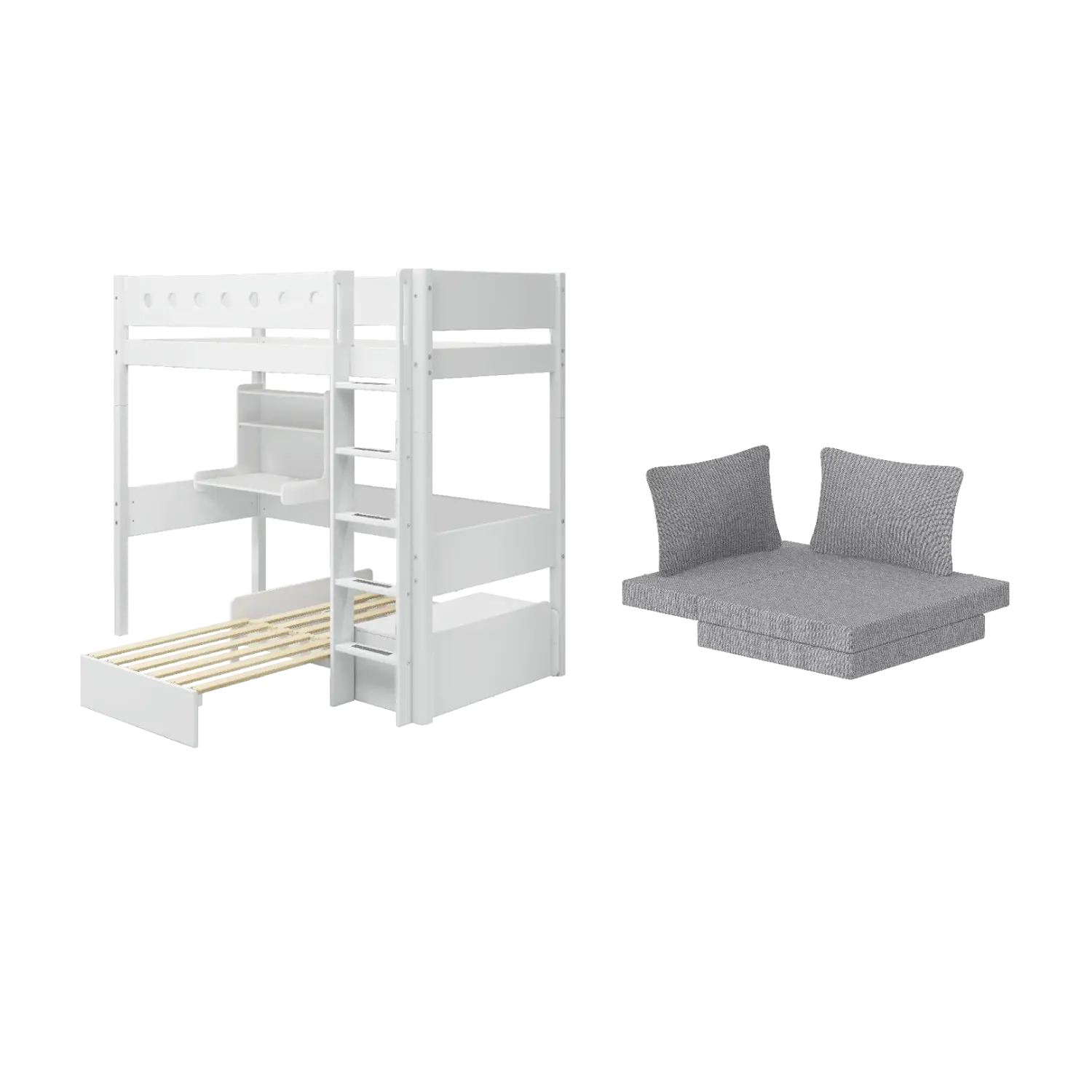 Lit mezzanine 184 cm avec bureau, canapé, échelle et barrière de sécurité, 90x200 cm, blanc
