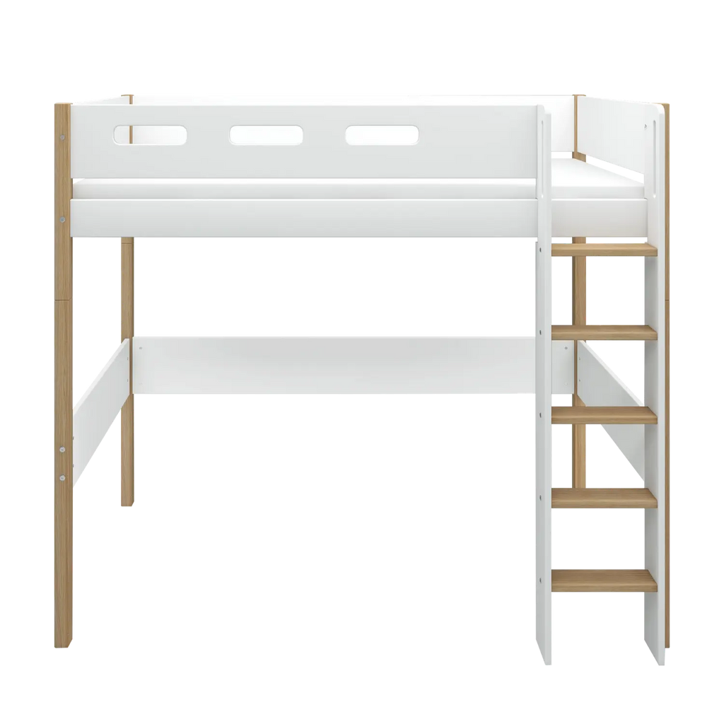 Lit surélevé 184 cm avec échelle et barrière de sécurité, 90x200 cm, Blanc/Chêne