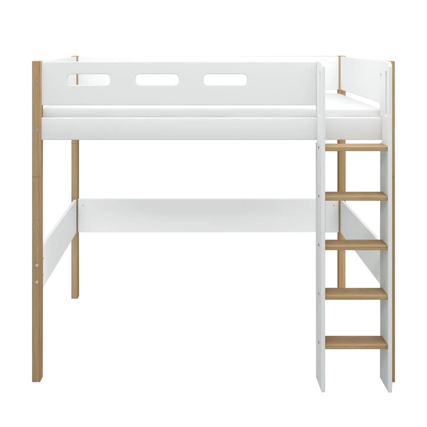 Lit surélevé 184 cm avec échelle et barrière de sécurité, 90x200 cm, Blanc/Chêne