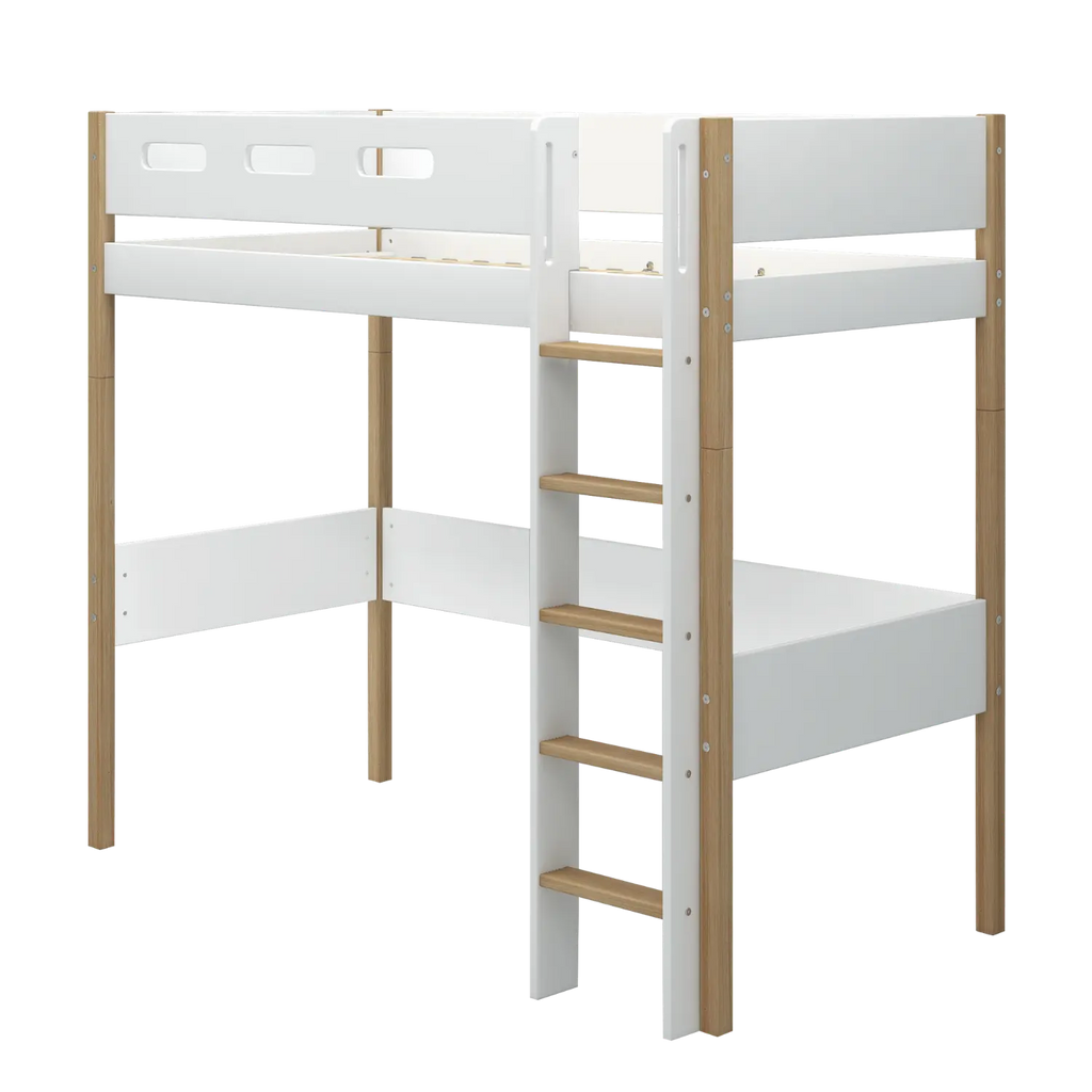 Lit surélevé 184 cm avec échelle et barrière de sécurité, 90x200 cm, Blanc/Chêne
