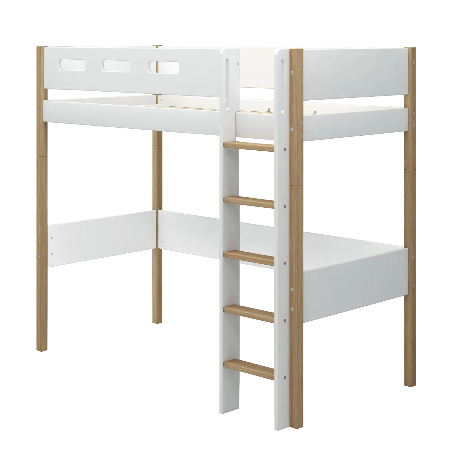 Lit surélevé 184 cm avec échelle et barrière de sécurité, 90x200 cm, Blanc/Chêne