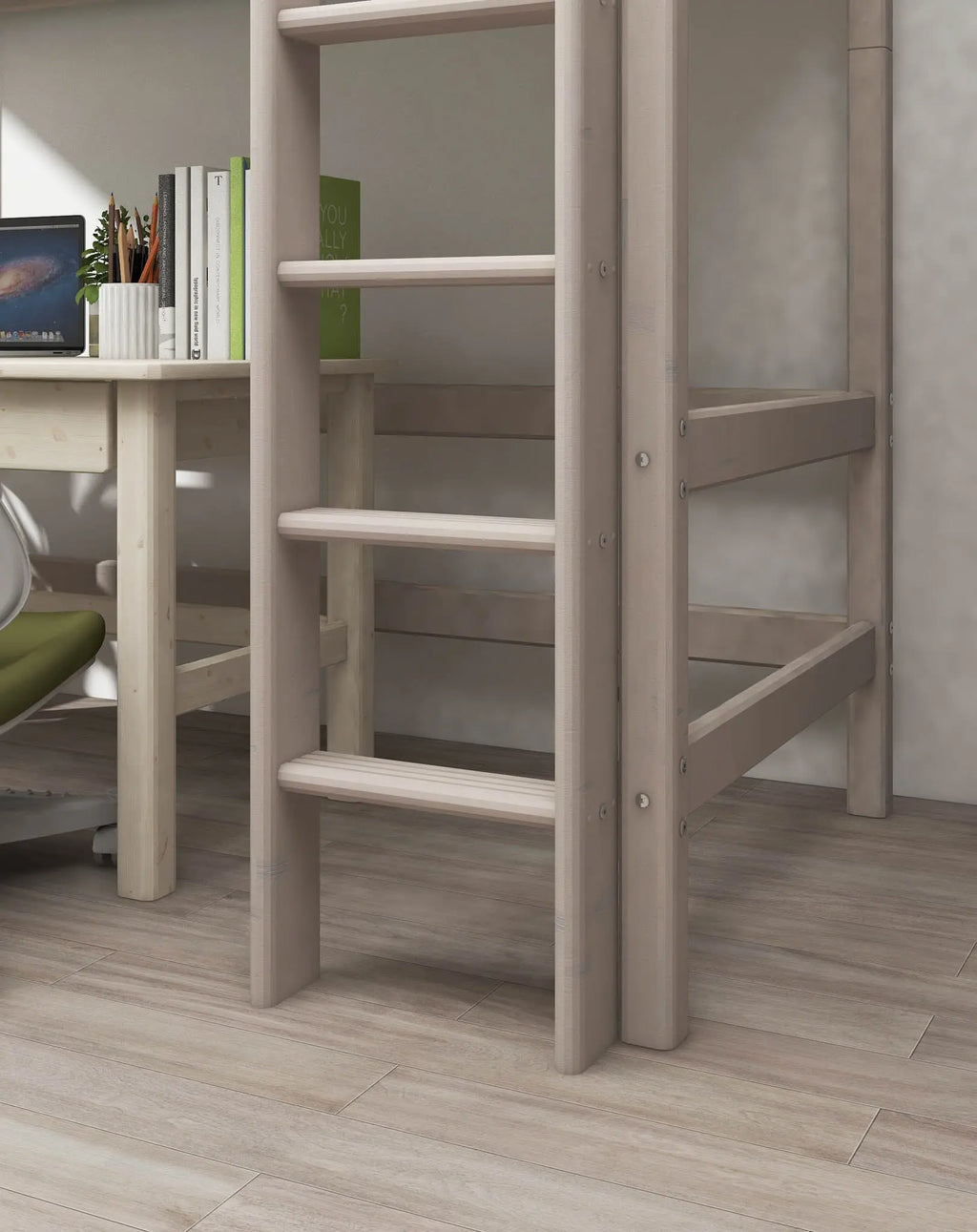 Lit mezzanine 184 cm avec barrière de sécurité et échelle, 90x200 cm, gris
