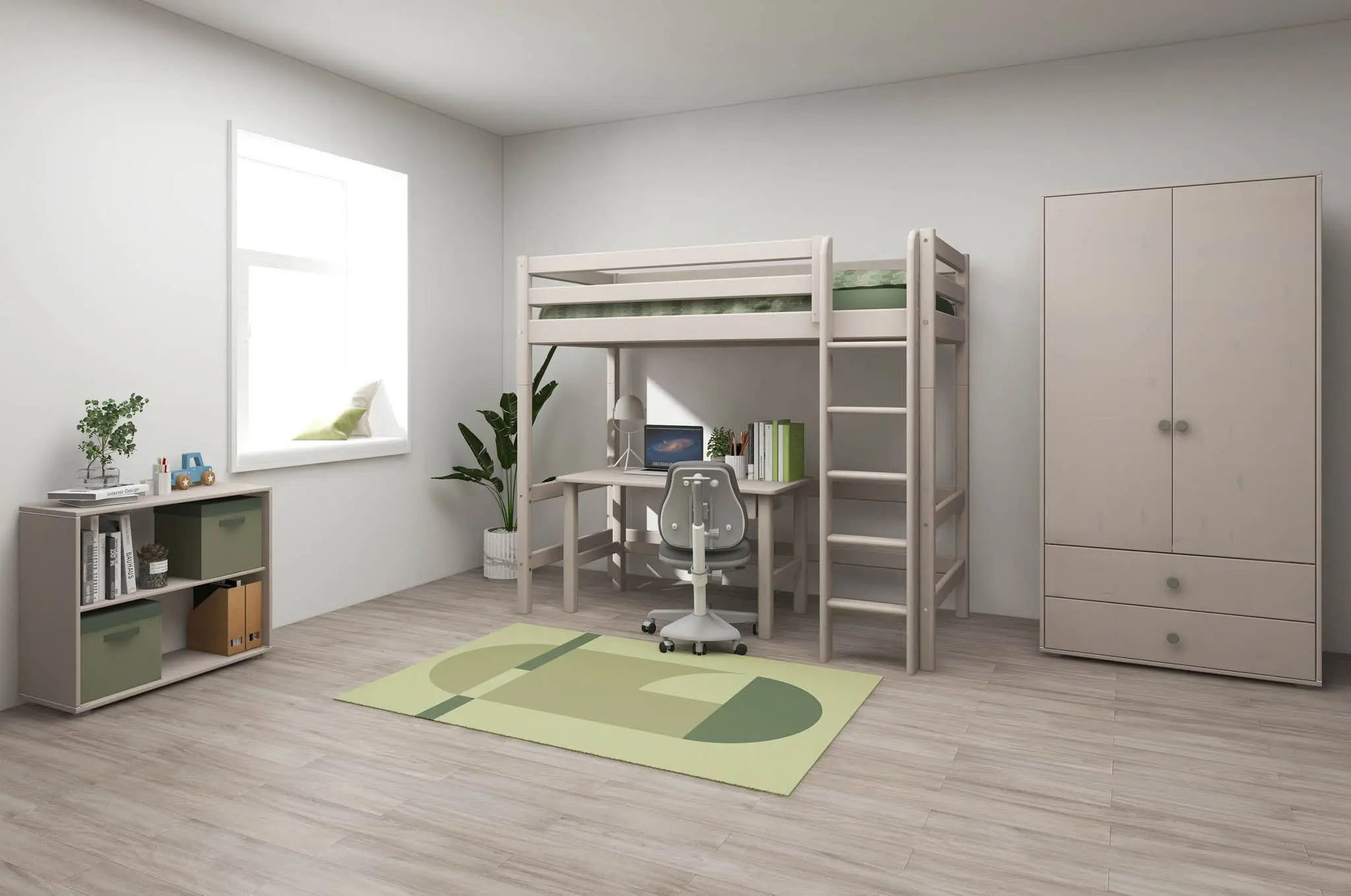 Lit mezzanine 184 cm avec barrière de sécurité et échelle, 90x200 cm, gris