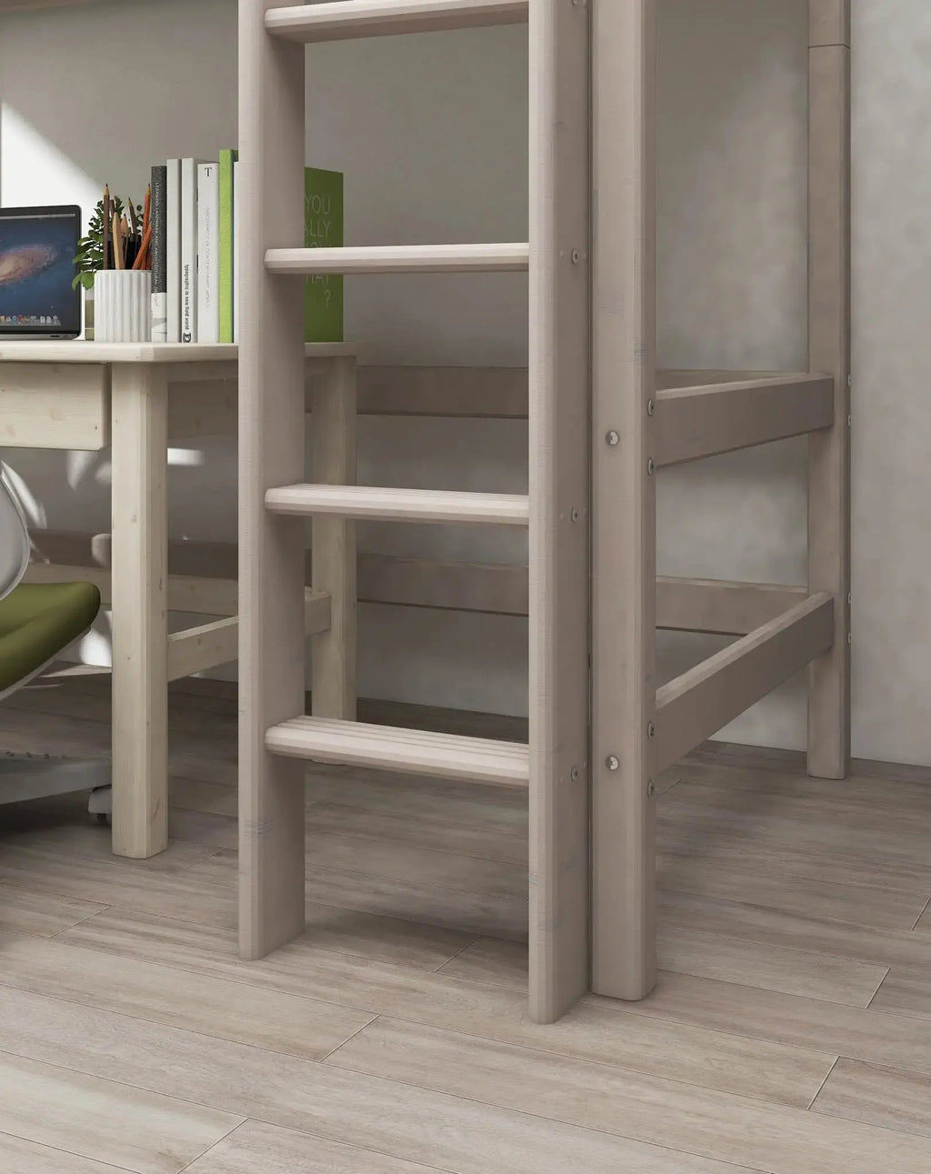 Lit mezzanine 184 cm avec barrière de sécurité et échelle, 90x200 cm, gris
