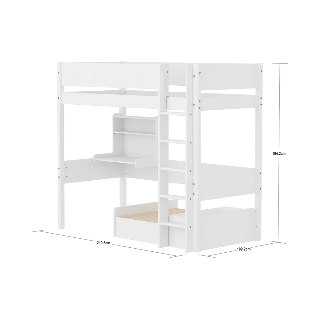 Lit superposé 184 cm avec canapé, bureau, échelle et barrière de sécurité, 90x200 cm, Blanc