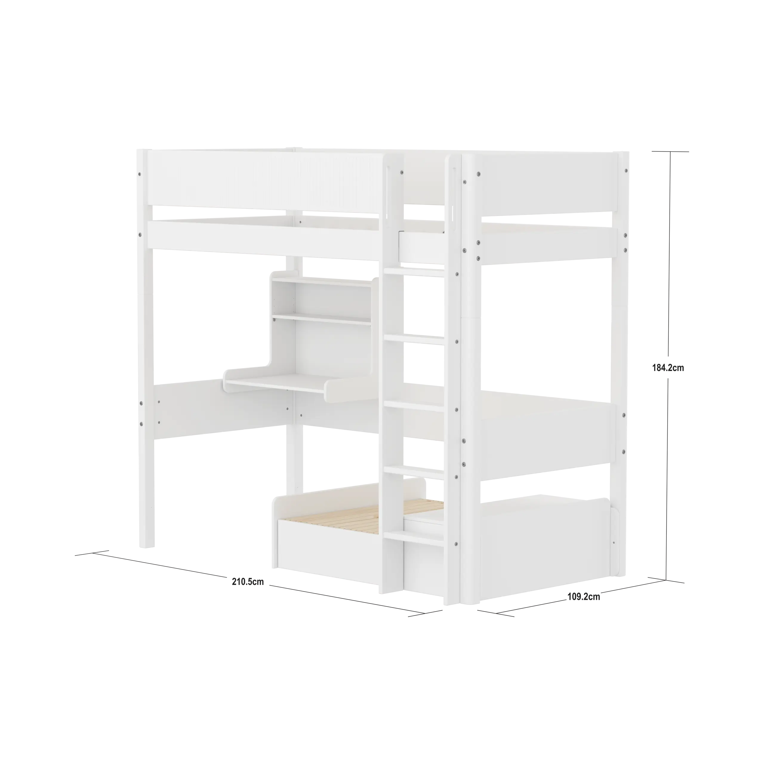 Lit superposé 184 cm avec canapé, bureau, échelle et barrière de sécurité, 90x200 cm, Blanc