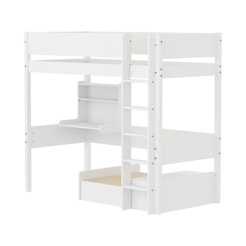 Lit superposé 184 cm avec canapé, bureau, échelle et barrière de sécurité, 90x200 cm, Blanc