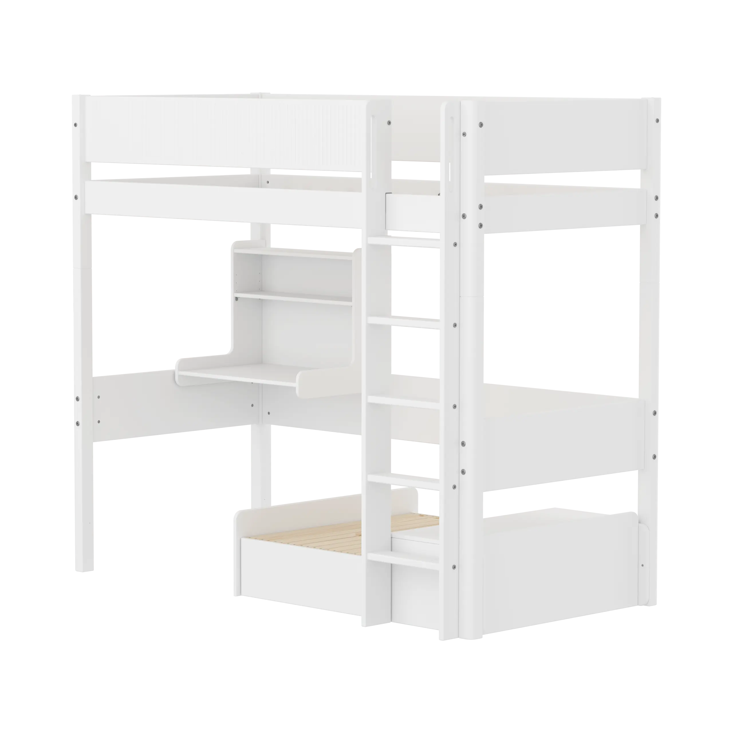 Lit superposé 184 cm avec canapé, bureau, échelle et barrière de sécurité, 90x200 cm, Blanc
