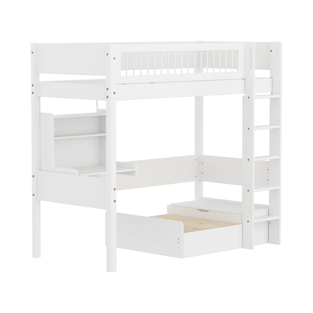 Lit surélevé 184 cm avec canapé, bureau, échelle et barrière de sécurité, 90x200 cm, blanc