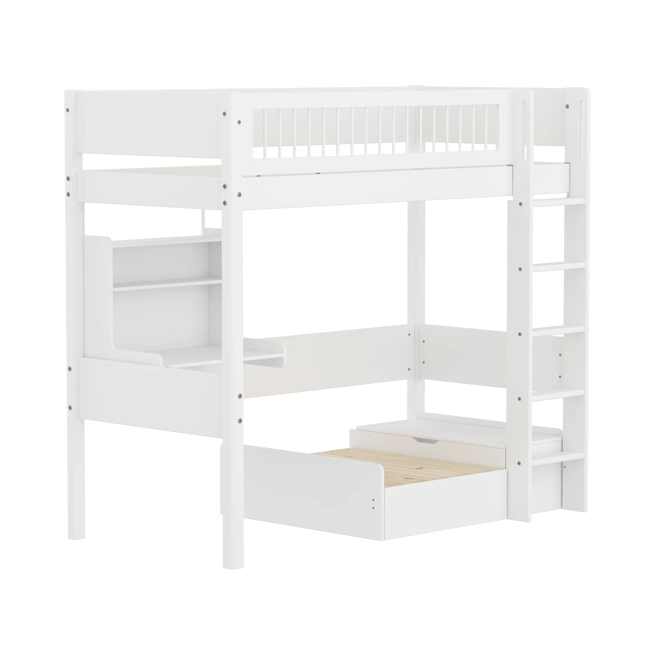 Lit surélevé 184 cm avec canapé, bureau, échelle et barrière de sécurité, 90x200 cm, blanc