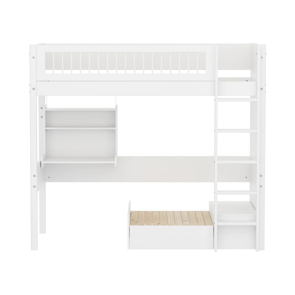 Lit surélevé 184 cm avec canapé, bureau, échelle et barrière de sécurité, 90x200 cm, blanc
