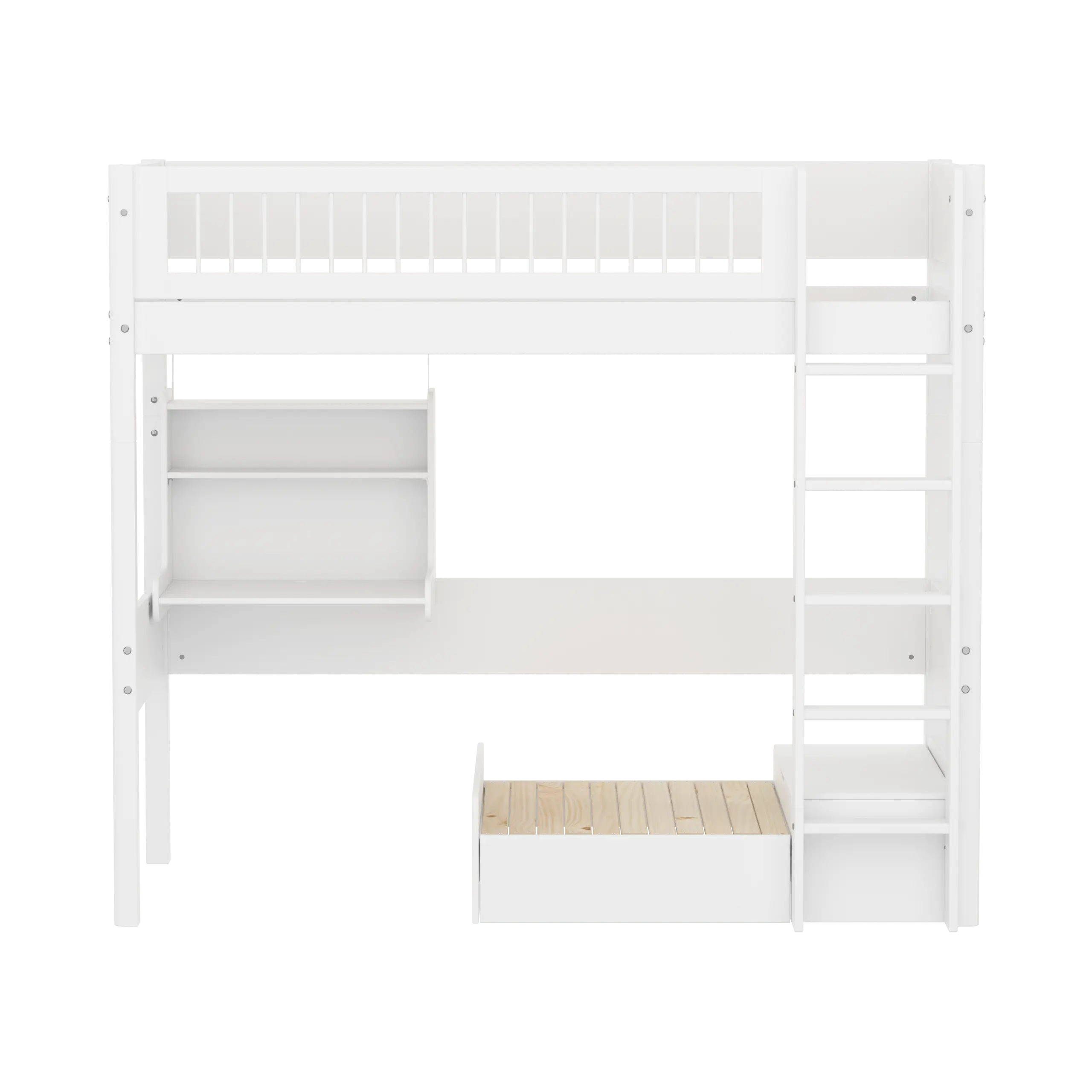 Lit surélevé 184 cm avec canapé, bureau, échelle et barrière de sécurité, 90x200 cm, blanc