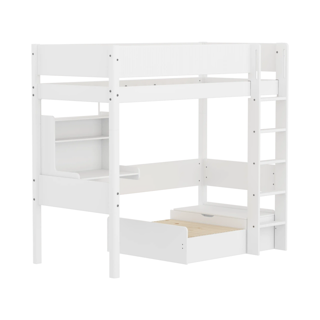 Lit superposé 184 cm avec canapé, bureau, échelle et barrière de sécurité, 90x200 cm, Blanc