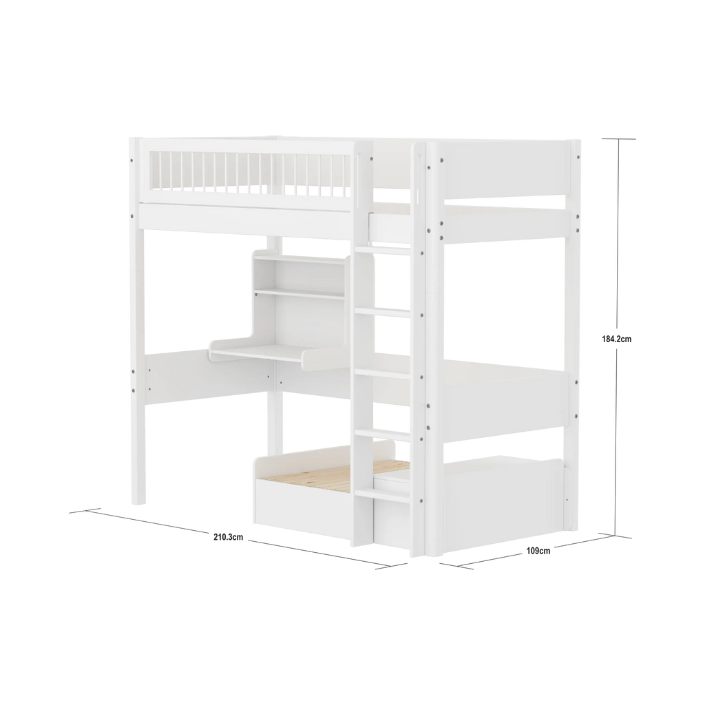 Lit surélevé 184 cm avec canapé, bureau, échelle et barrière de sécurité, 90x200 cm, blanc